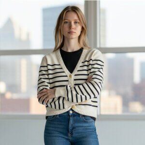 NWOT AQUA 100% Cashmere Braid Trim Striped Cardigan XL